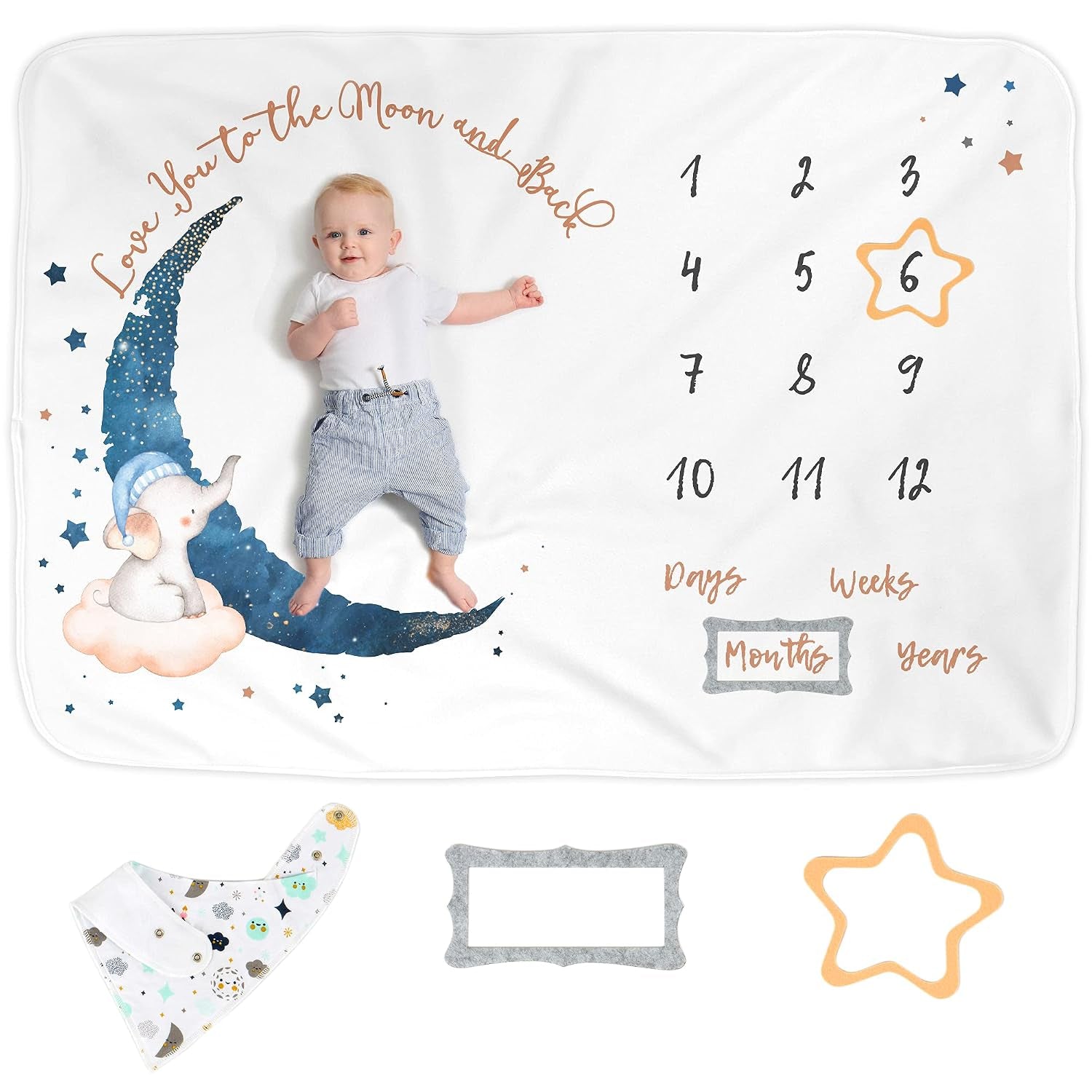 Luka & Lily Baby Milestone Blanket - Ultra Soft Fleece Monthly Milestone Blanket for Baby Girl and Boy - Perfect for Baby'S First Year Growth Chart - Monthly Baby Milestone - Elephant Moon - 60"X40"